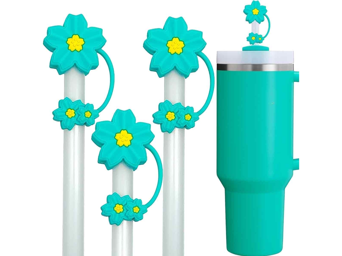 KOFIHETY Funda para Sorbete Turquesa - Tapa de Sorbete con Flor 10mm para Vasos 30 40 Oz, Funda 3D de Cerezo, 3 Unidades