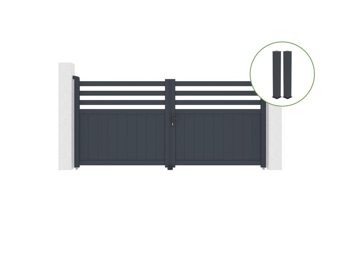 Puerta abatible 3m NEVIS H.140cm aluminio gris 2 postes 20x20cm H.166cm CASANOOV
