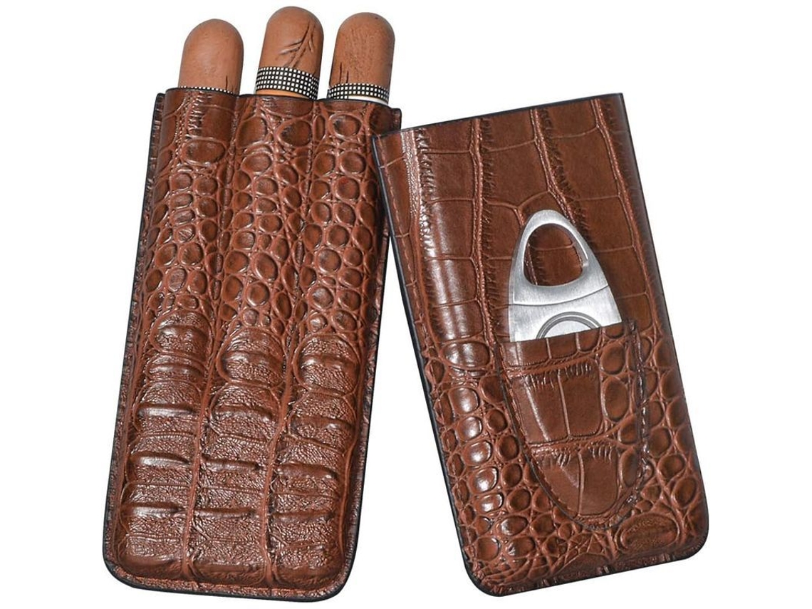 2026-humedor De Piel Con Patrón De Cocodrilo Para 3 Cigarros Con Cortador De Acero Inoxidable