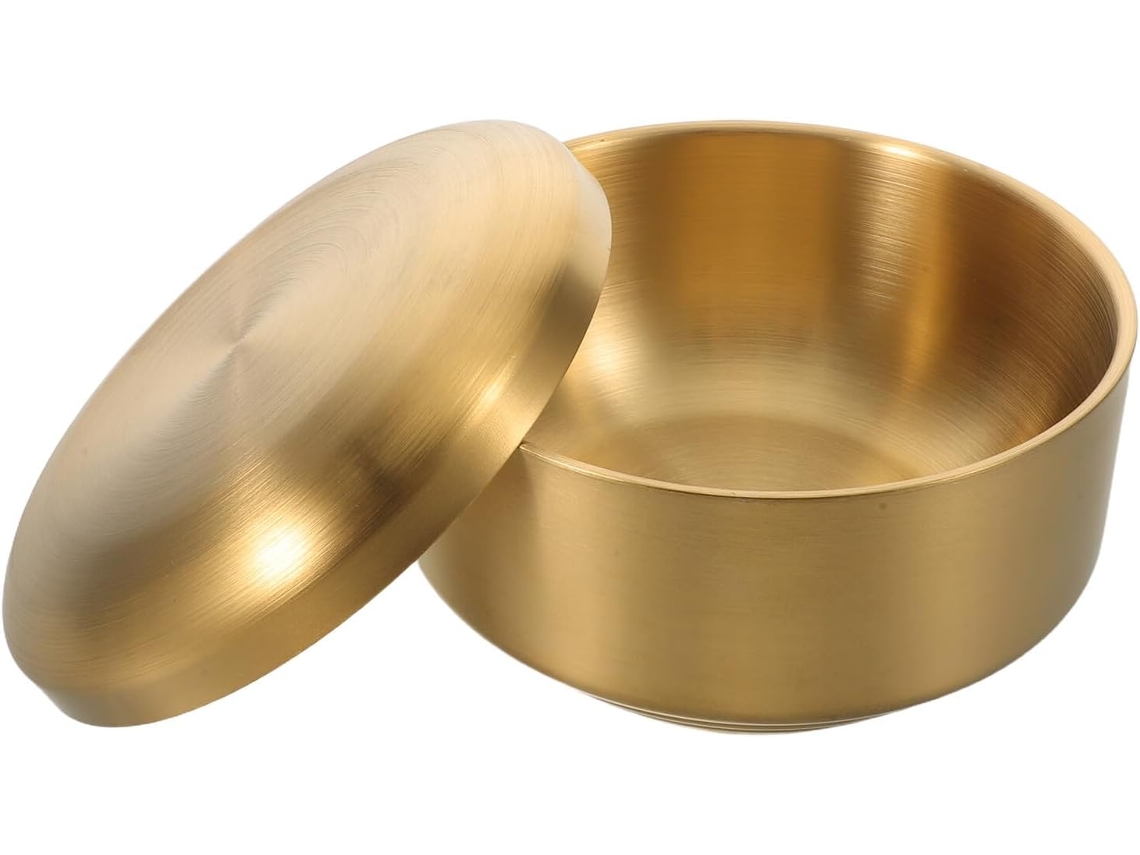 Tazón De Afeitar De Acero Inoxidable De Doble Pared De 14 Cm Con Tapa Dorada Y Jabón Para Hombre.