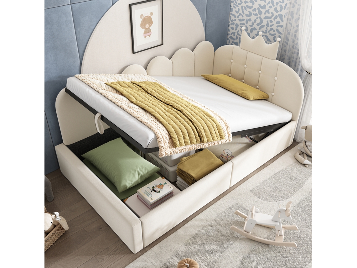 Cama De Día Tapizada 90x190 Cm Con Almacenamiento Hidráulico, Terciopelo Beige En Forma De L, Diseño De Corona, Cama De Invitados (sin Colchón)