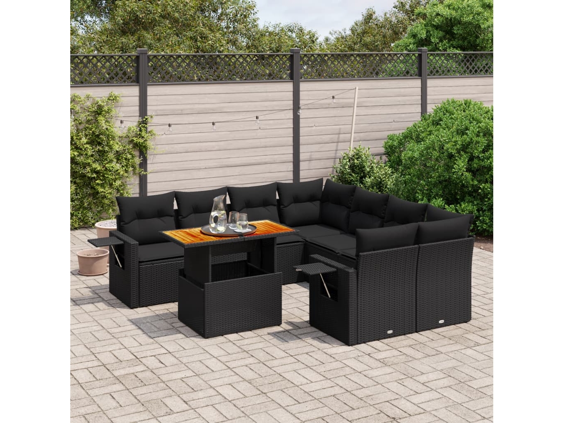 Conjunto de sofá de jardín de 9 piezas con cojines, ratán negro, Dkd Home Decor