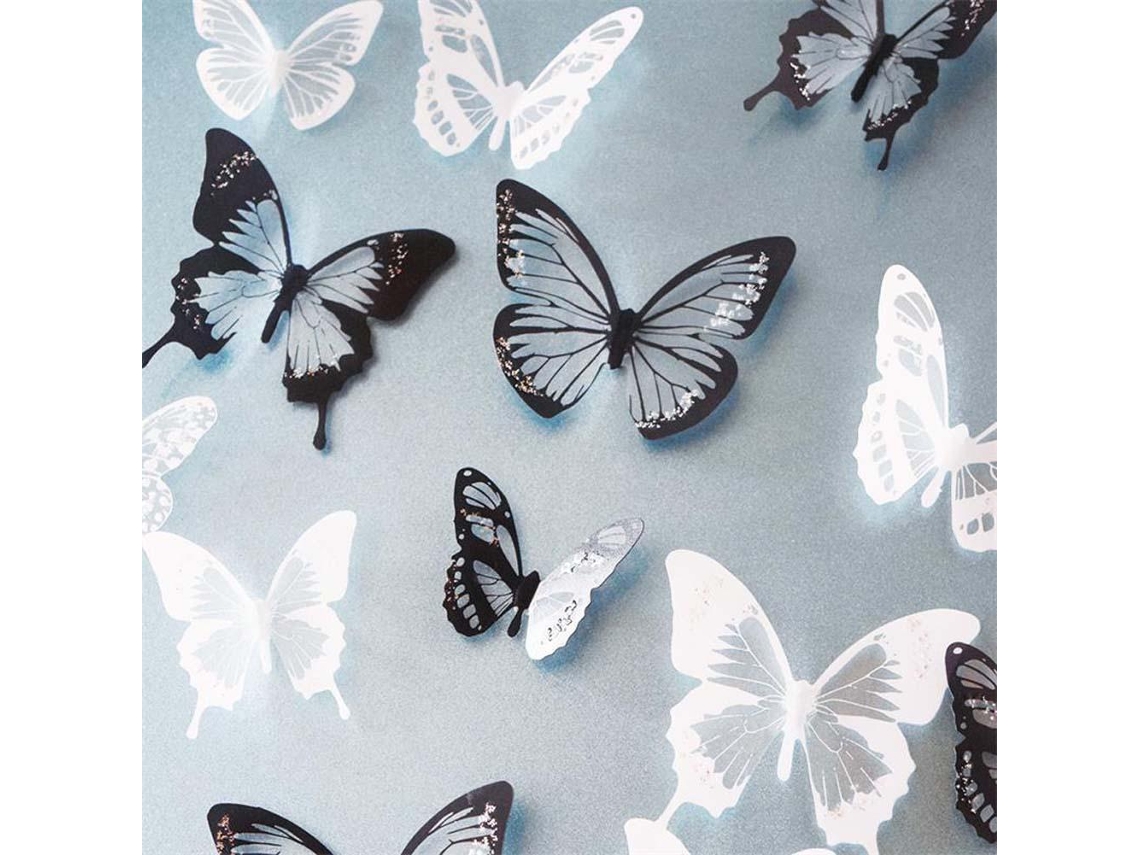 Adhesivo de pared 3D de mariposa en blanco, negro y plateado Hz101