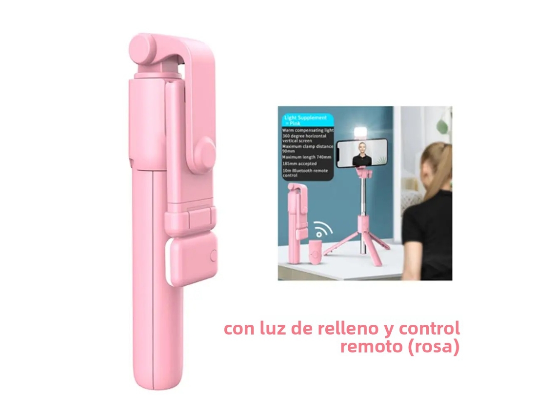 Trípode para selfies 3 en 1 con Bluetooth, luz de relleno y soporte plegable. Mdug (rosa)