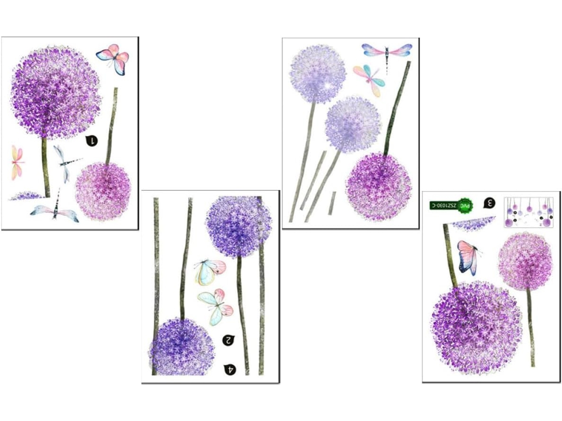 Pegatinas De Pared De Diente De León Morado, 4 Láminas, Pvc Duradero, Para Sala De Estar/dormitorio.