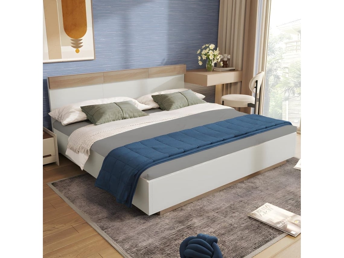 Cama Para Adultos 140x200 Cm - Cama Flotante Con Somier - Estructura De Madera - Blanco
