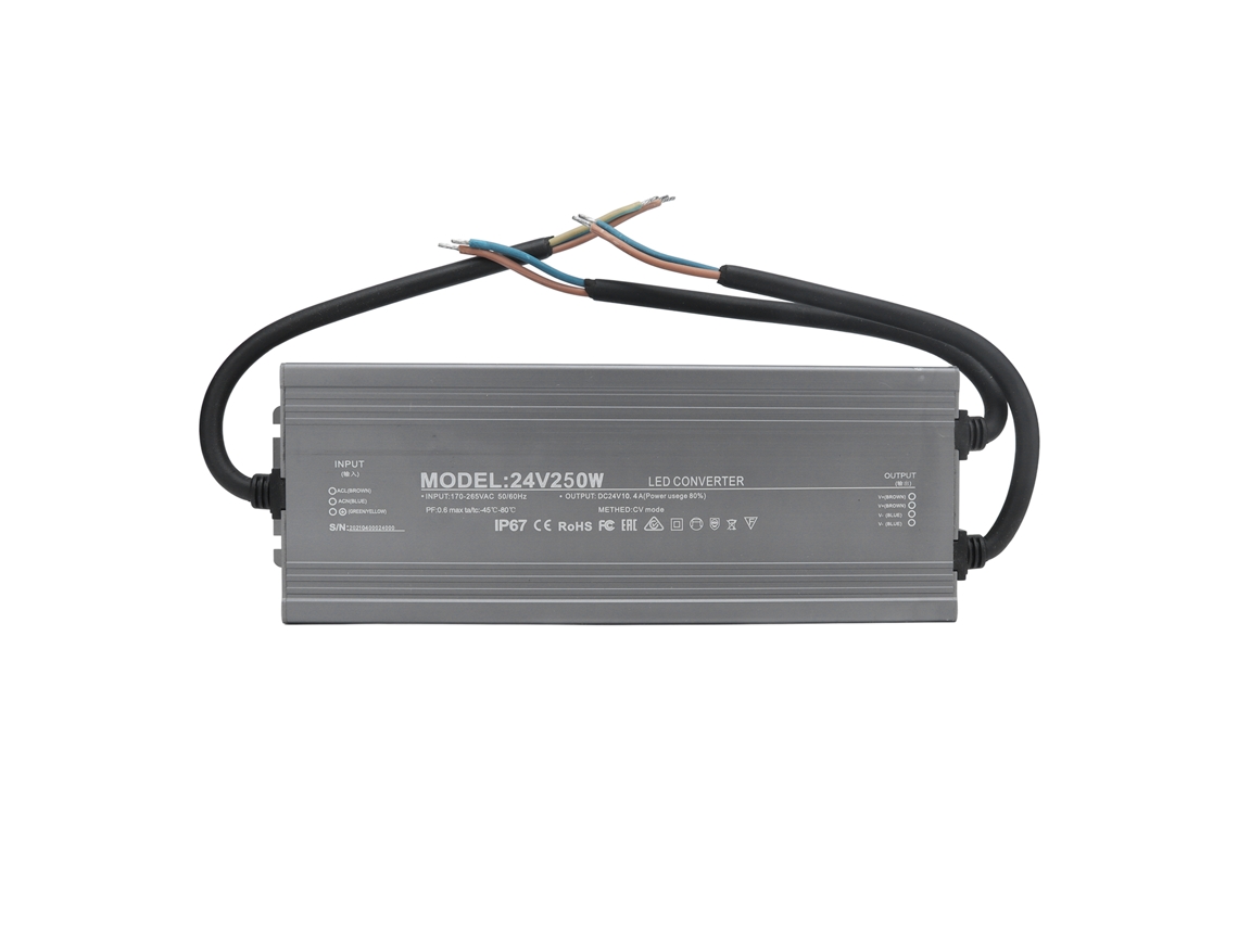 Fuente de alimentación impermeable para LED, controlador de voltaje constante, IP67, 250 W, CA 170-265 V, 24 V, 10,4 A