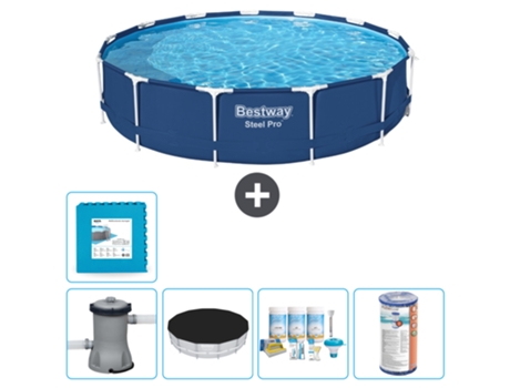 Piscina BESTWAY Round Steel Pro - 396 x 84 cm - Azul - Bomba incluida Cubrir - Paquete de mantenimiento - Filtrar - Baldosas