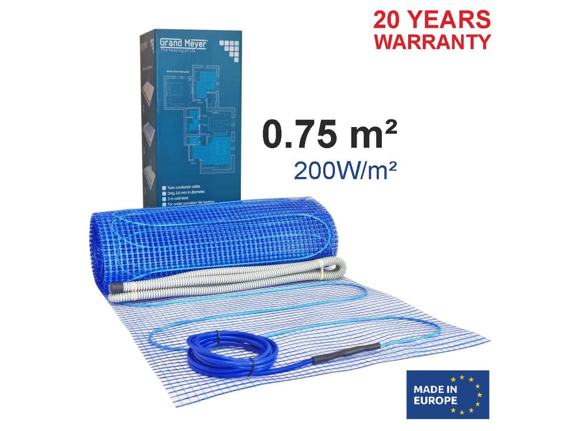 Manta calefactora eléctrica para suelo radiante de 0,75 m², 200 W/m², 150 W, Grand Meyer