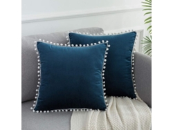 Rebe-funda Almohada Navideña Azul Oscuro 18x18 Pulgadas Set 2 Terciopelo Suave Con Pompones Decorativos Para Sofa Hogar