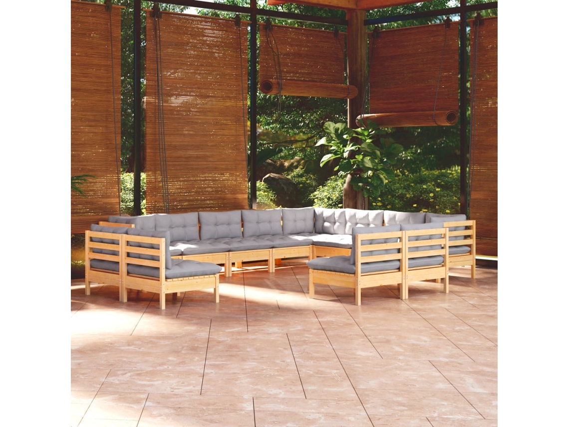Conjunto de salón de jardín de 12 piezas con cojines grises en pino macizo DKD Home Decor