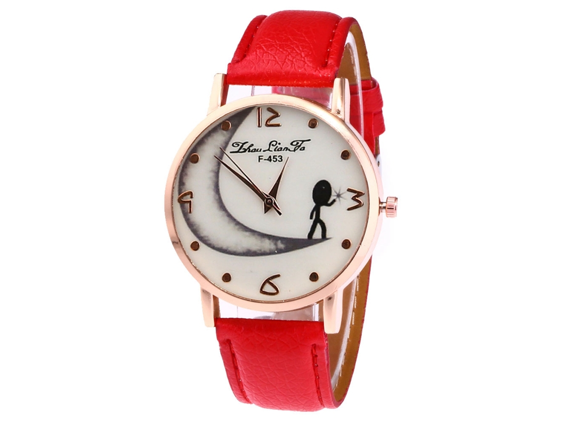Reloj De Pulsera Analógico De Cuarzo Con Correa Pu Para Mujer Y Hombre Dial Luna Rojo
