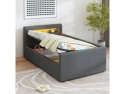 Cama Infantil De 90x200 Cm, Tapizada, Con Iluminación Led, Conexión Usb, Estante Hidráulico, Color Gris Oscuro Y Terciopelo. Colchón No Incluido.