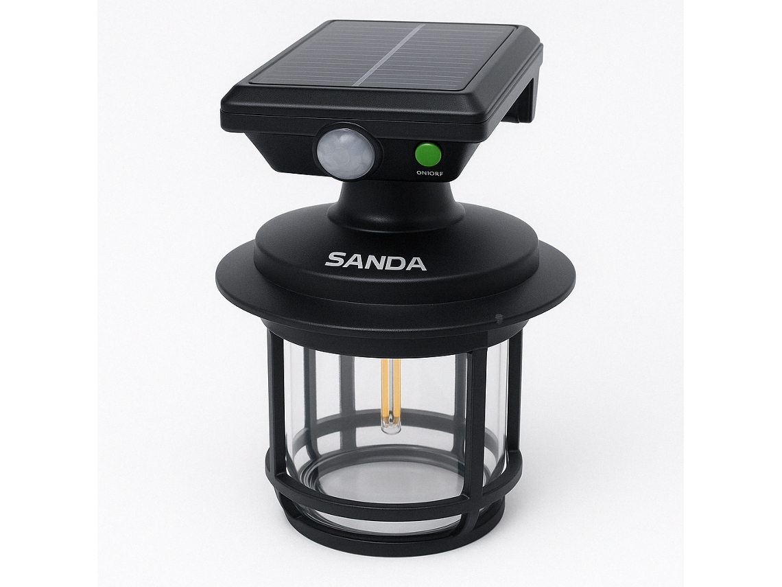Lámpara LED negra Sanda SD 6028 con sensor de movimiento, panel solar y accesorios