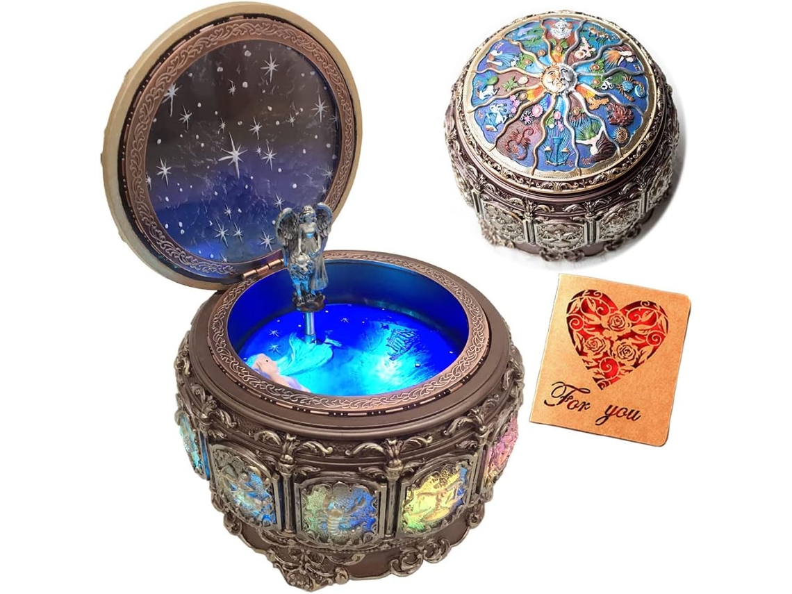 Caja de música con constelaciones, diosa, luces LED giratorias, resina, marrón Bisbisous
