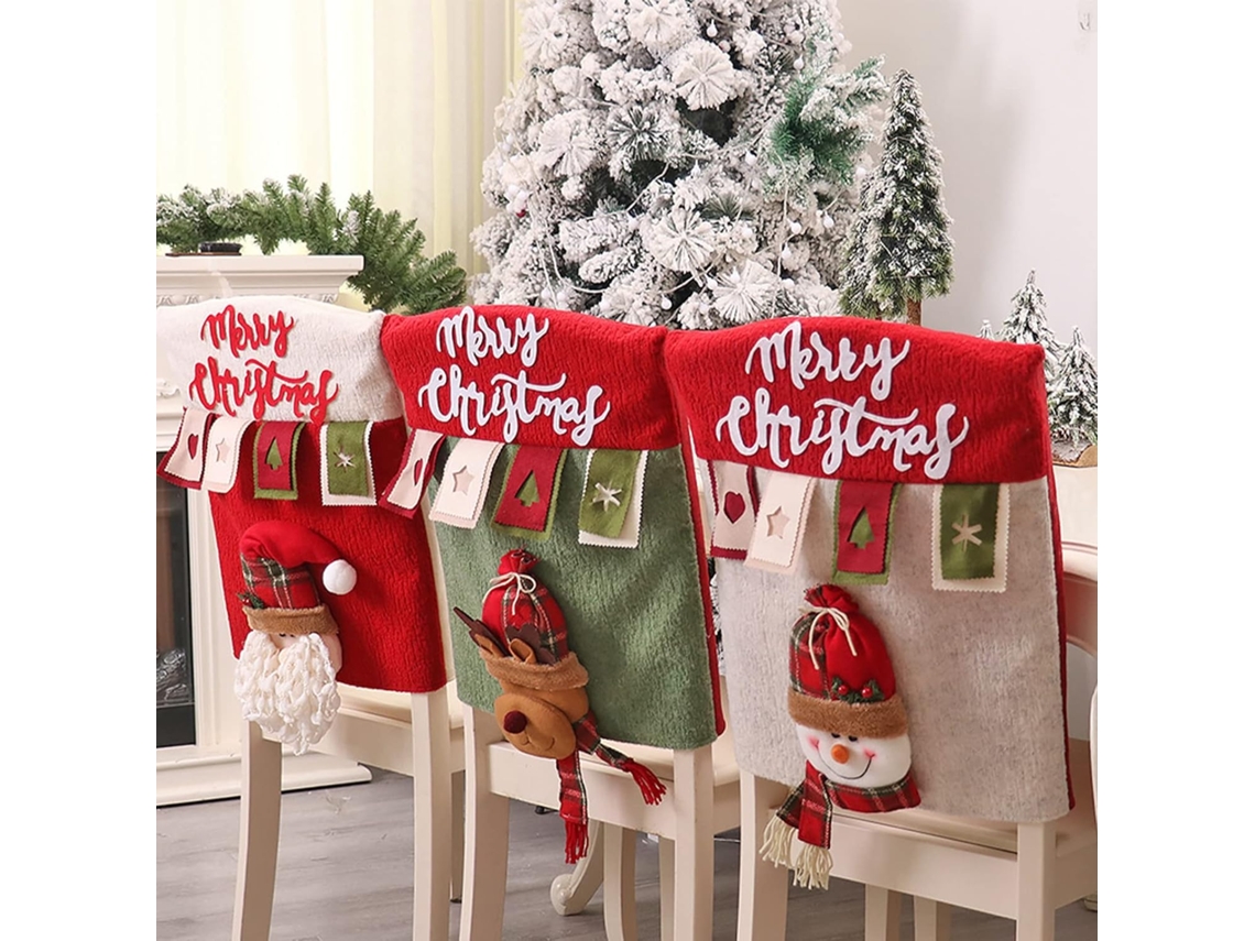 Fundas para sillas navideñas - Fundas para cenas navideñas con renos y muñeco de nieve de Papá Noel en 3D - 6 piezas AURUM
