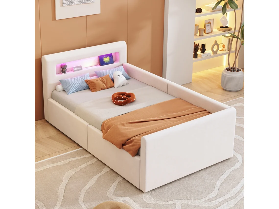 Cama infantil tapizada de 90 x 200 cm con iluminación LED, luz de noche, toma USB, estante y almacenaje hidráulico en color beige.
