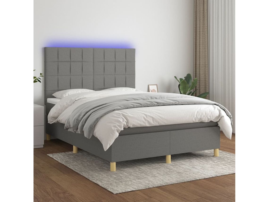 Cama Box Spring Colchón Y Luces Led Tela Gris Oscuro 140x190 Cm