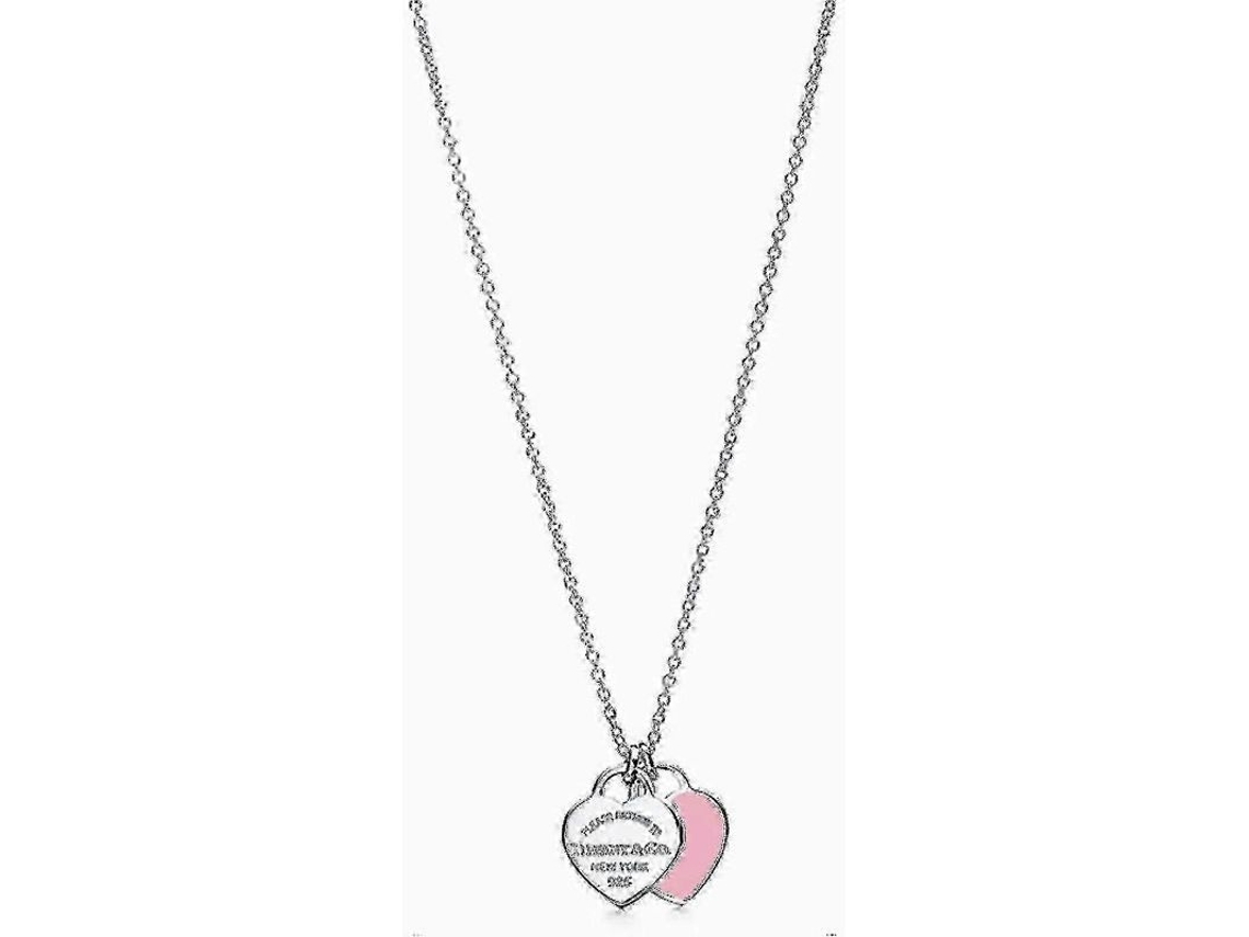 Collar De Esmalte Corazón Doble Plata 925 Charm Joyería Colgante Rosa Moda Mujer Regalo