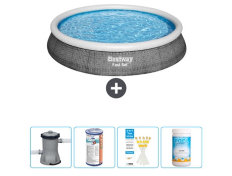Piscina hinchable redonda Fast Set BESTWAY - Estampado ratán - 396 x 84 cm - Bomba incluida Filtrar - Tiras de prueba - Cloro