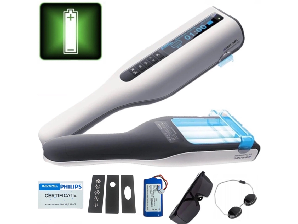 Lámpara de fototerapia UVB de 18 W y 311 nm con batería para problemas de la piel, psoriasis, vitíligo y eczema.
