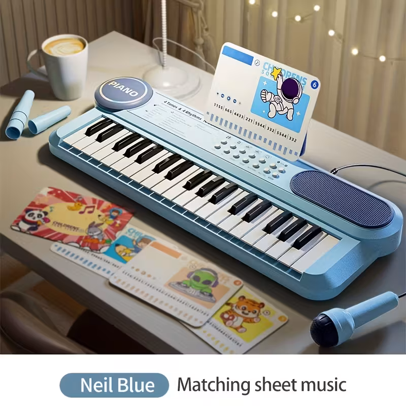 Teclado eléctrico portátil Eifson de 37 teclas para niños con micrófono y atril (azul)