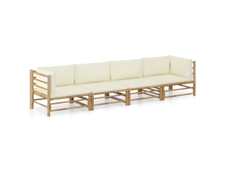 Conjunto 4 de muebles de jardín VIDAXL bambú y cojines blanco crema