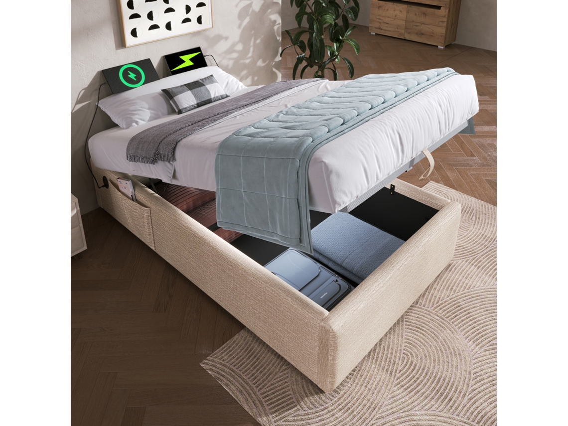Cama 90x190cm De Lino, Elevación Hidráulica, Cargador Usb-c, Base De Madera Maciza, Sin Colchón, Sin Cabecero, Color Natural