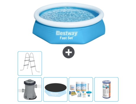 Piscina hinchable redonda Fast Set BESTWAY - 244 x 61 cm - Azul - Bomba incluida Cubrir - Paquete de mantenimiento - Filtrar - Escalera