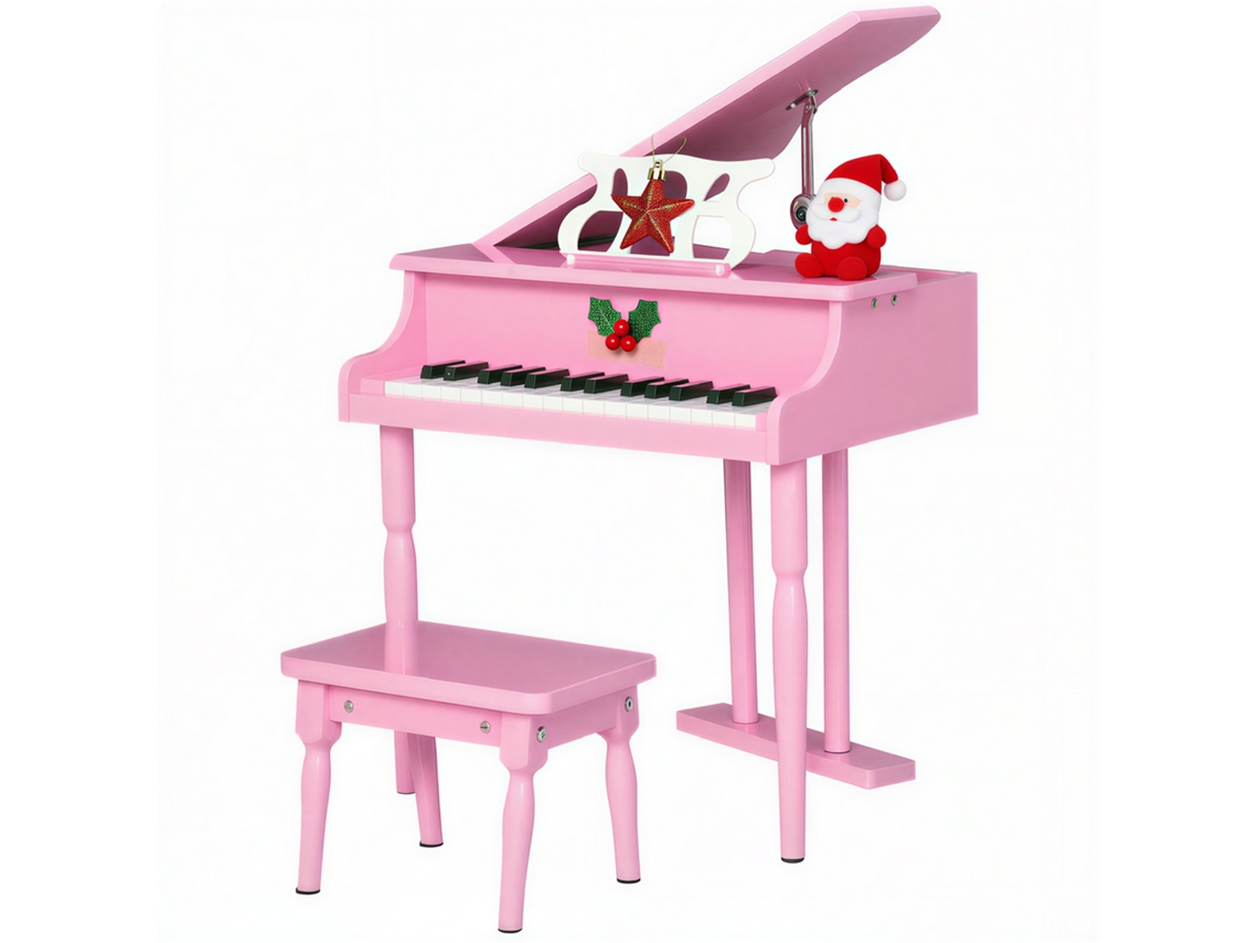 Piano De Cola Infantil Madera 30 Teclas Taburete Atril Rosa Mdf