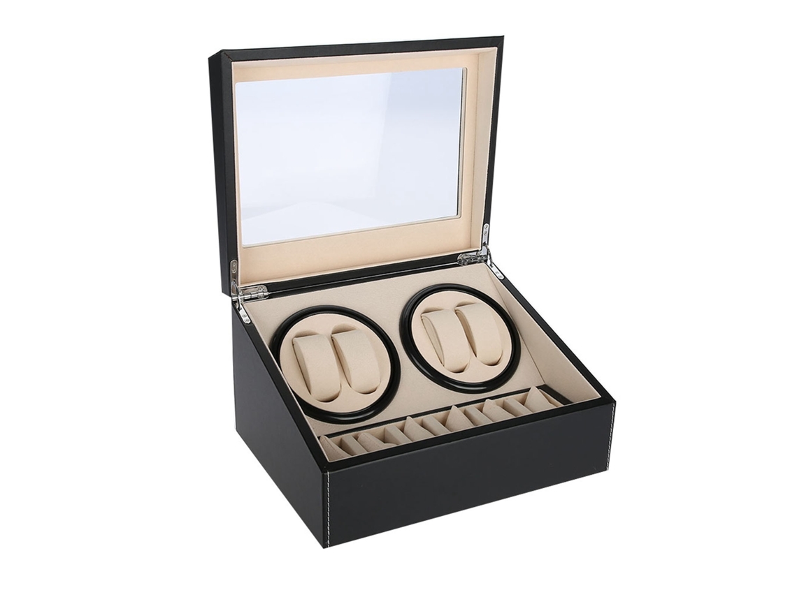 Caja enrolladora para 4 relojes automáticos, con 6 compartimentos.