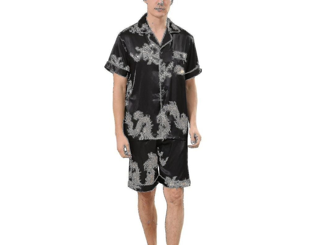 Conjunto De Pijama De Seda Satinada Para Hombre Con Mangas Cortas Y Braguita - Ropa De Dormir Clásica