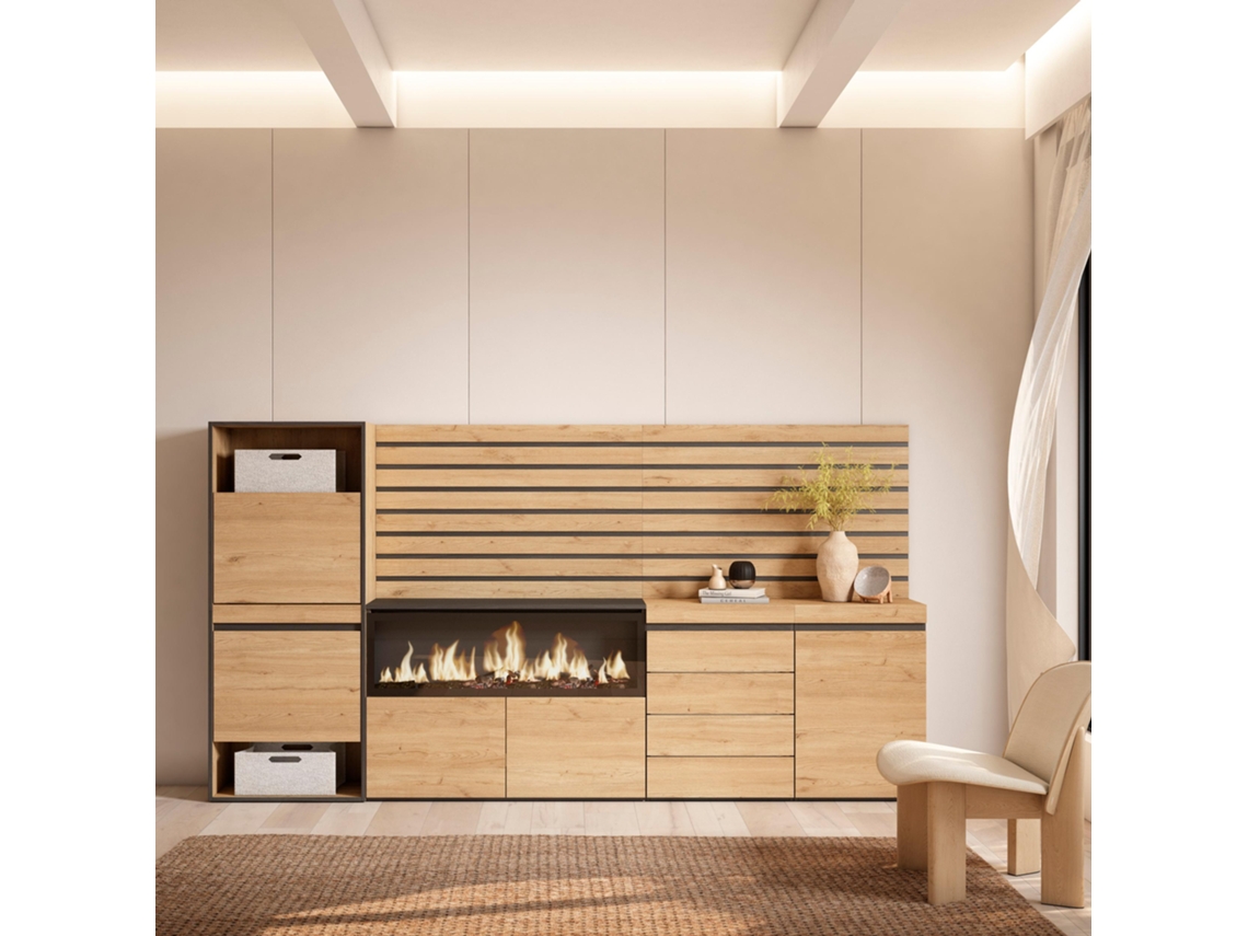 Zapatero, 274x145x35 cm, Dormitorio, habitación, Chimenea eléctrica XXL, Cómoda, Cajonera, Listones Decorativos, Roble SKRAUT HOME