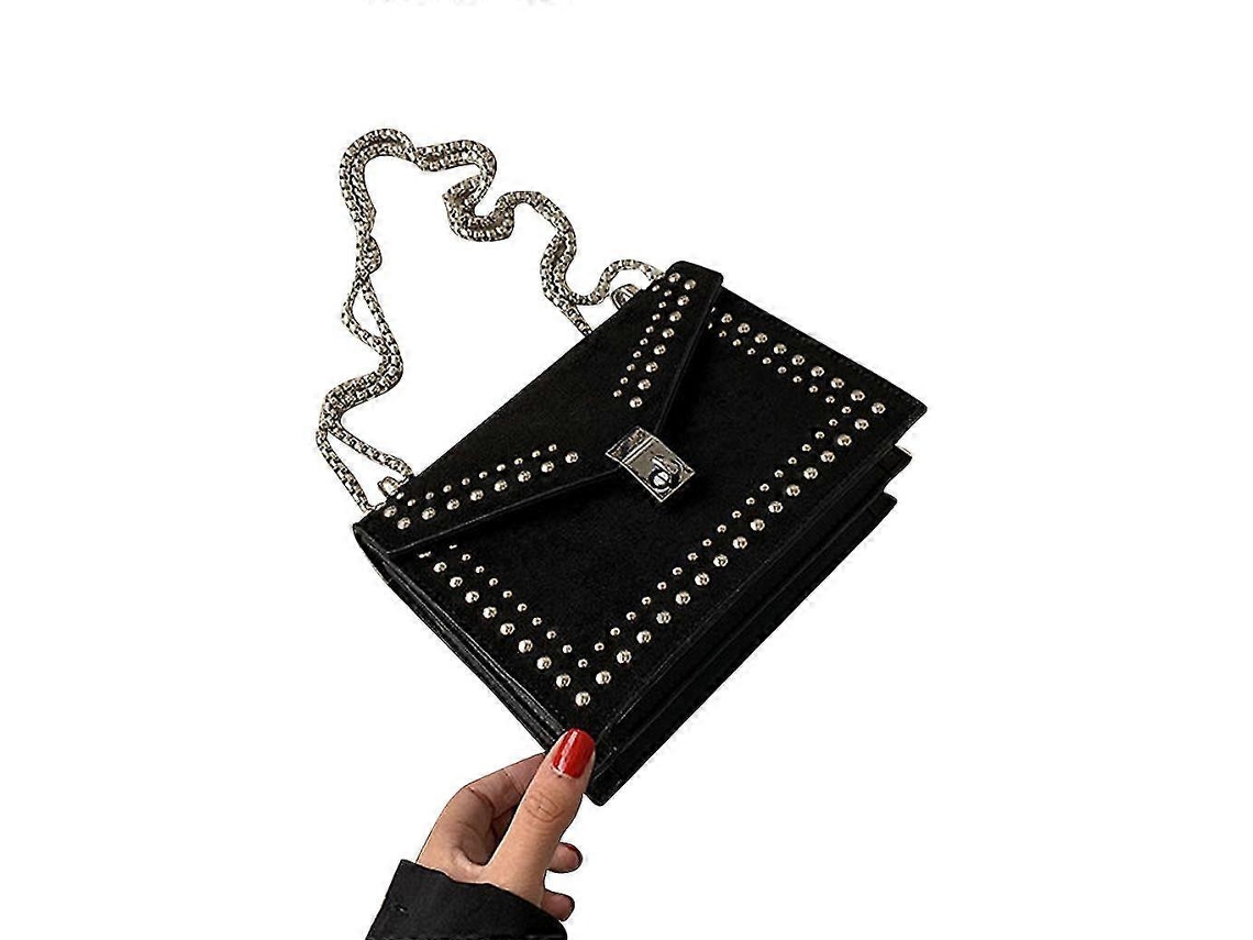 Bolso bandolera cuadrado de piel con solapa y cadena, estilo retro, cruzado, correa ajustable, negro.