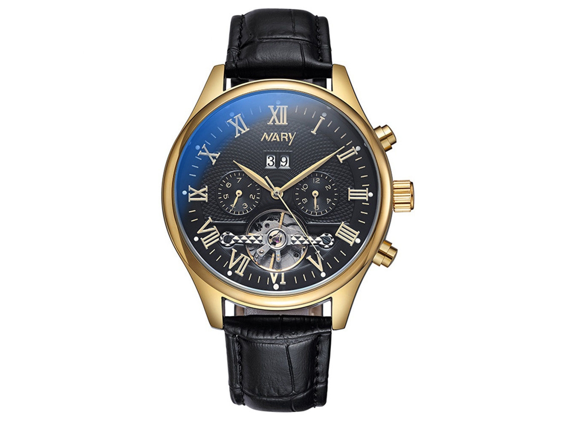 Reloj De Pulsera Hombre Nary Elegante Empresarial Impermeable Correa Negra Caja Dorada