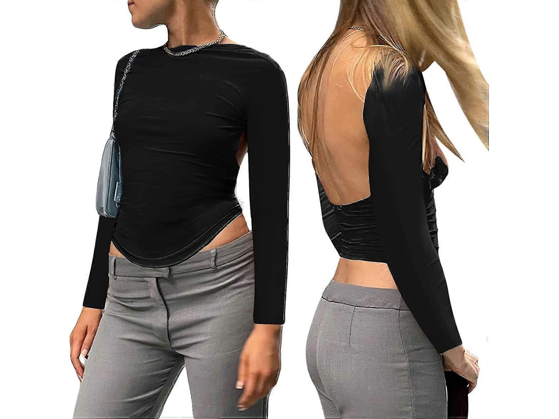 Camiseta sexy de manga larga sin espalda para mujer con abertura en la espalda, color liso, informal