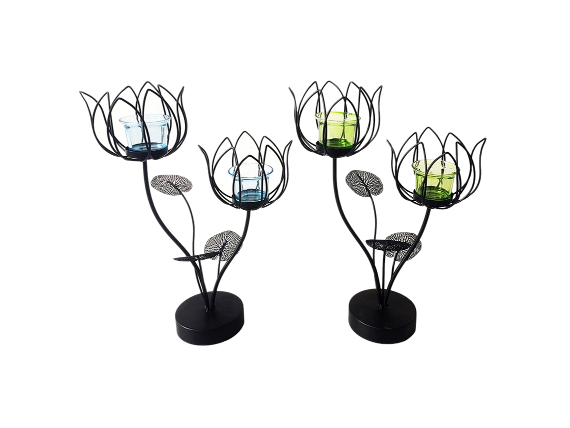 Portavelas 2 flores Pack 2 Unidades Decoracion Jarrones Y Portavelas Negro 35x15x25 cm BY SIGRIS