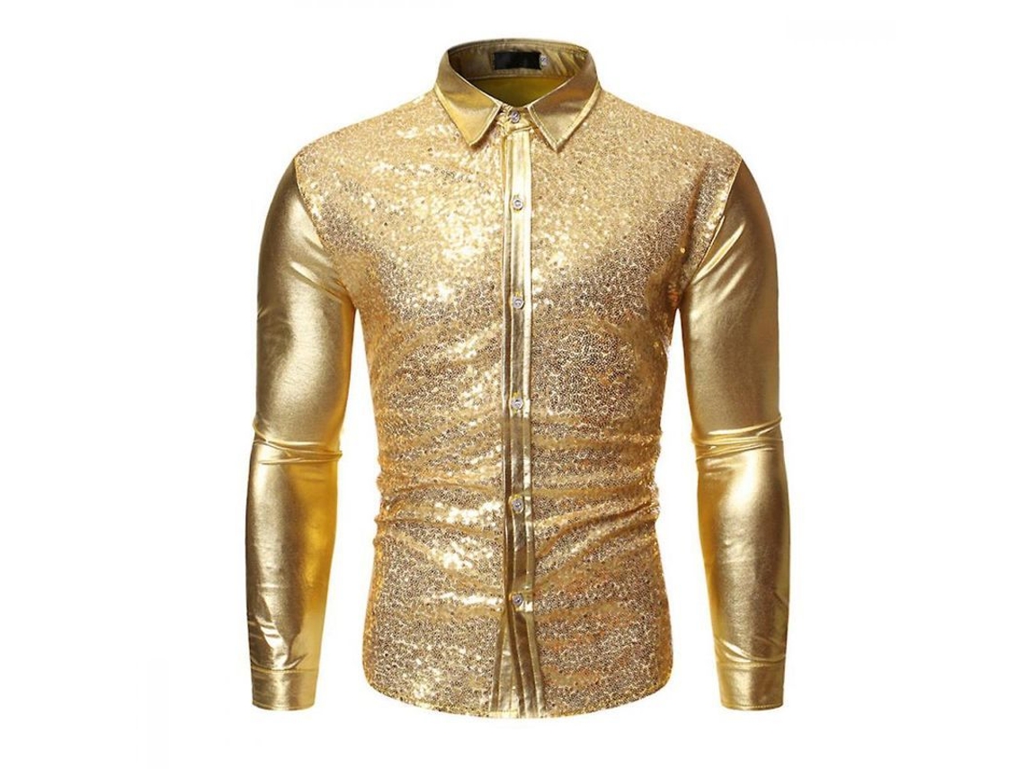 2026-camisa De Manga Larga Con Puntillas Y Estampado Dorado En Cuello Lapel Para Hombre Osn Xl Oro