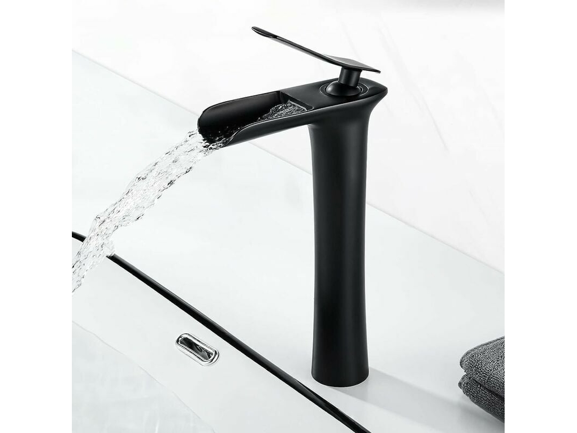 RNEMITERY Grifo para lavabo de baño negro mate, caño cascada, antigoteo, construcción de latón macizo, diseño silencioso para baños elegantes y rústicos (235 mm