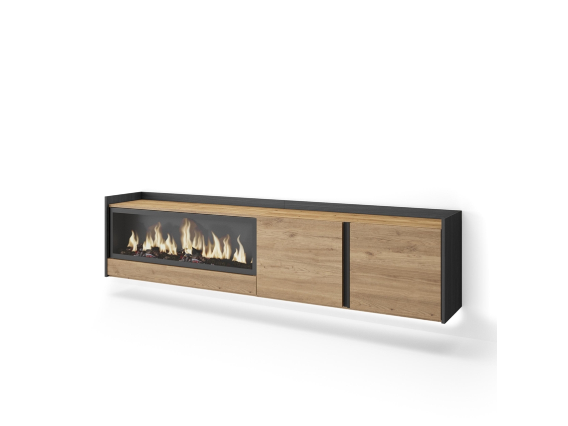 Mueble Tv, Televisión, 212x35x50cm, Para Tv Hasta 80", Chimenea Eléctrica Xxl, Colgado, Suspendido, Led, Roble Y Negro