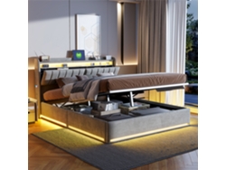 Cama Tapizada De 140 X 190 Cm, Con Iluminación Led Y Puerto Usb, Barra Hidráulica De Almacenamiento, Terciopelo, Color Gris, Sin Colchón