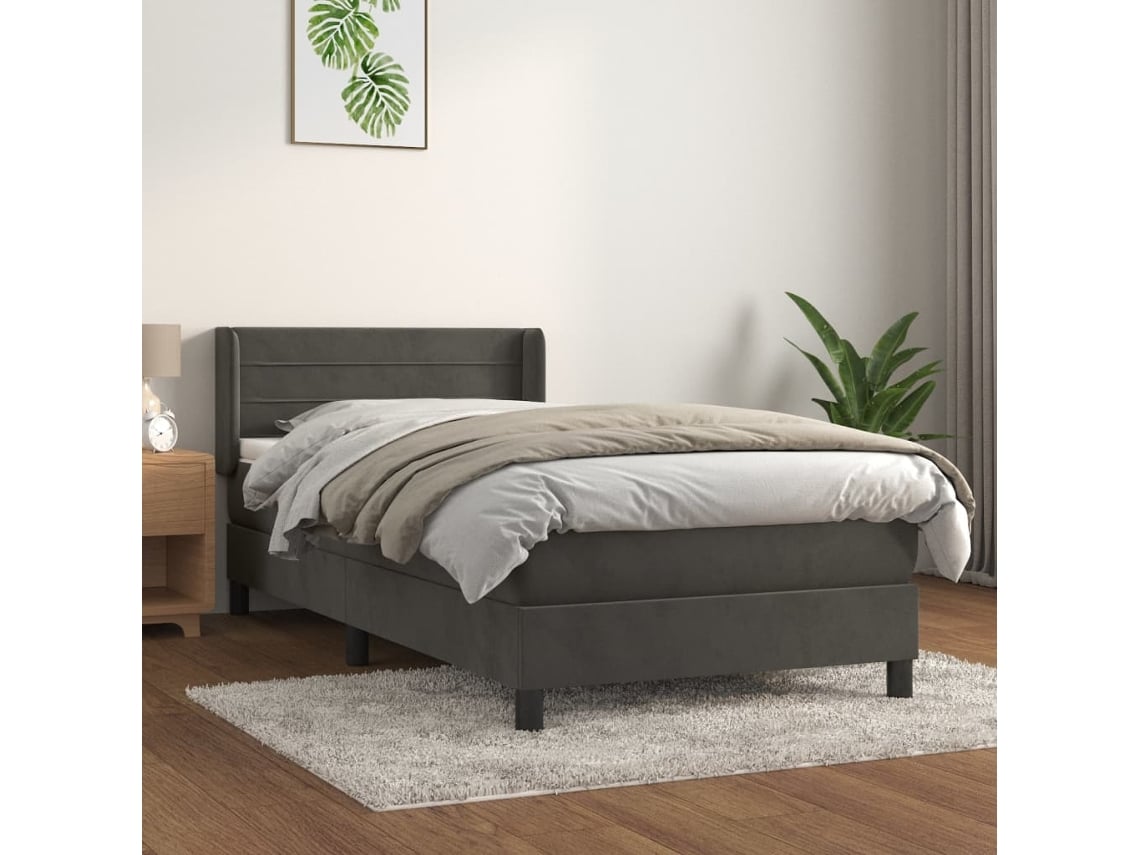 Cama Box Spring Con Colchón Terciopelo Gris Oscuro 90x200 Cm