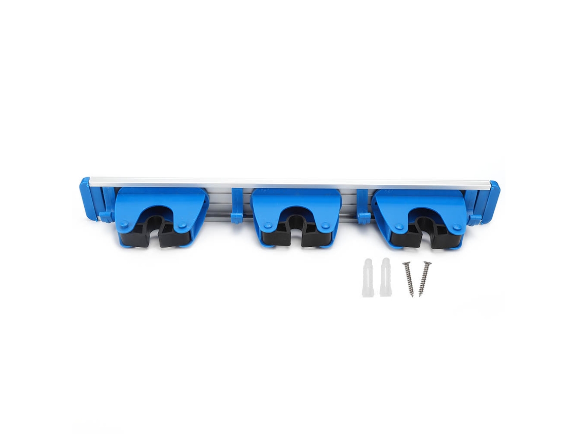 Soporte de pared para fregona y escoba con 3 posiciones deslizantes, color azul