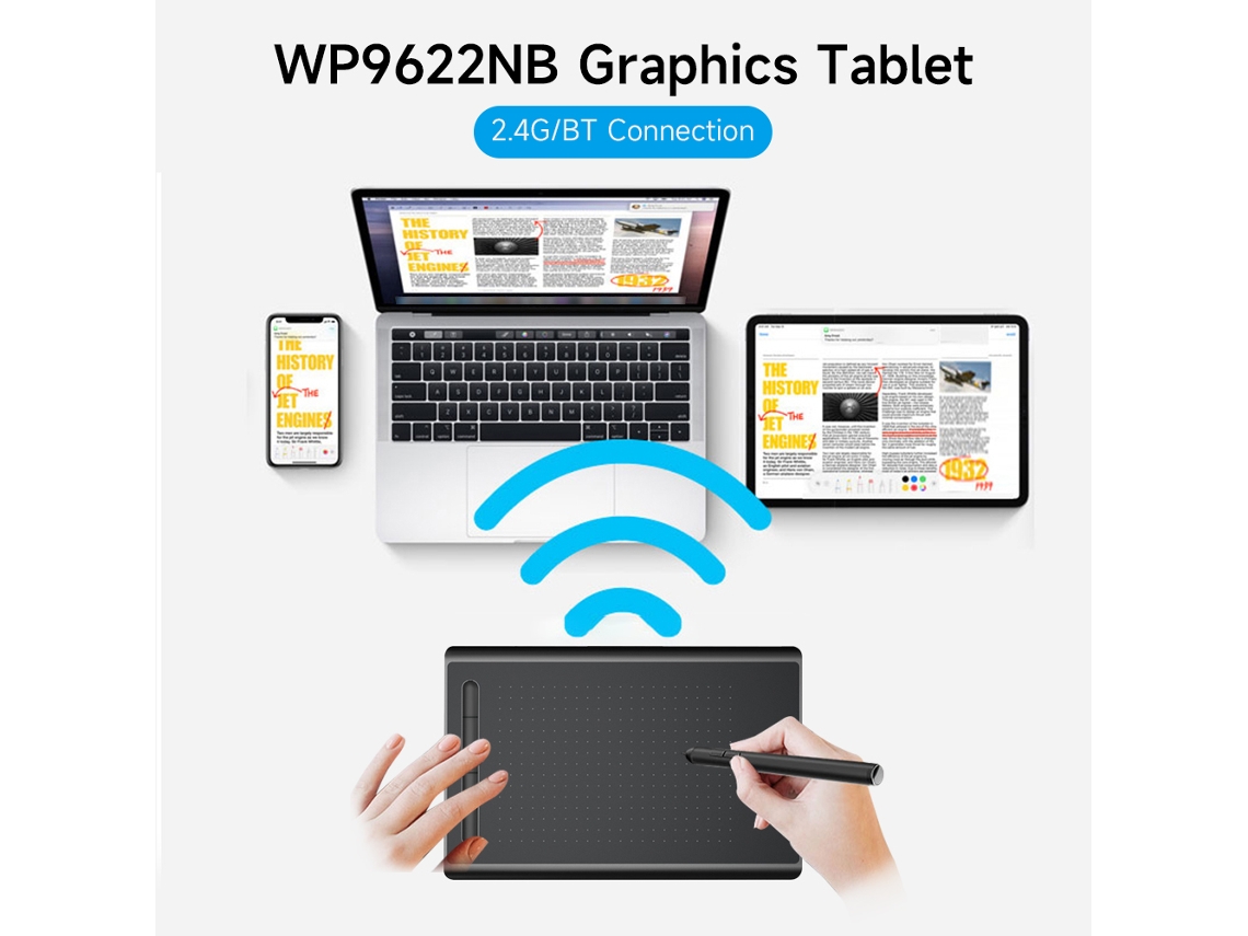 Tableta Gráfica Wp9622nb Con 8192 Niveles De Presión, 5080 Lpi, 230 Pps Y Conexión 2.4g/bt