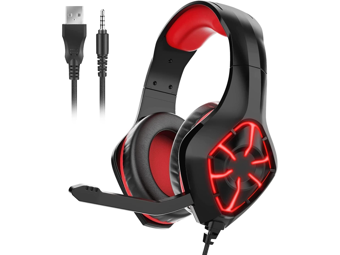 Auriculares Pro Gaming para cancelación de ruido sobre la oreja con micrófono, con luces LED rojas