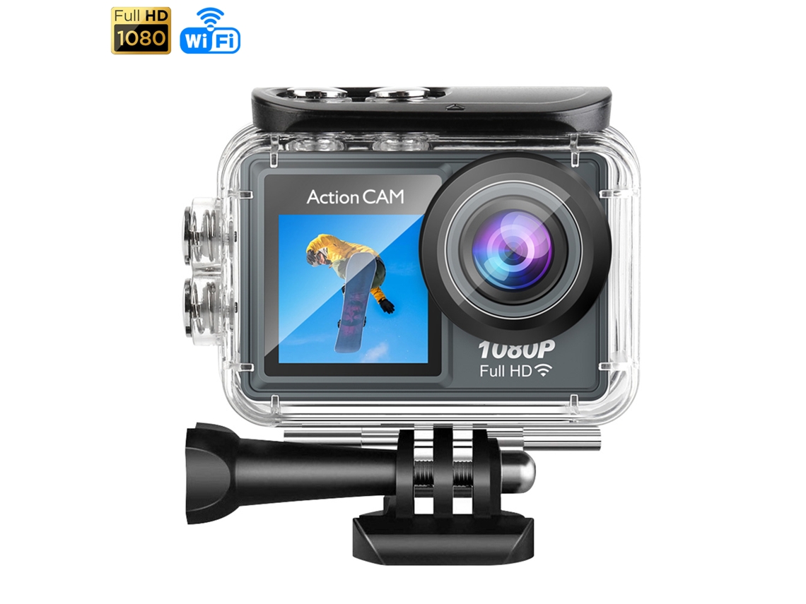 Cámara deportiva AT-G40 1080FHD con 12 MP, pantalla dual de 2'' y 1.3'', varios accesorios deportivos y Wi-Fi.