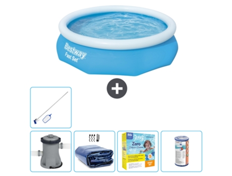Piscina hinchable redonda Fast Set BESTWAY - 305 x 76 cm - Azul - Bomba incluida Vela solar - Paquete de mantenimiento - Filtrar - kit de limpieza