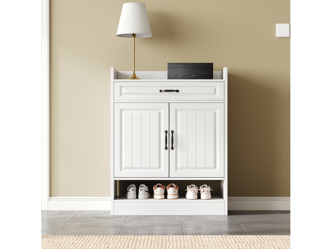 Zapatero moderno con 2 puertas y 1 cajón, blanco, MOBRIO (75x36x95,5 cm)