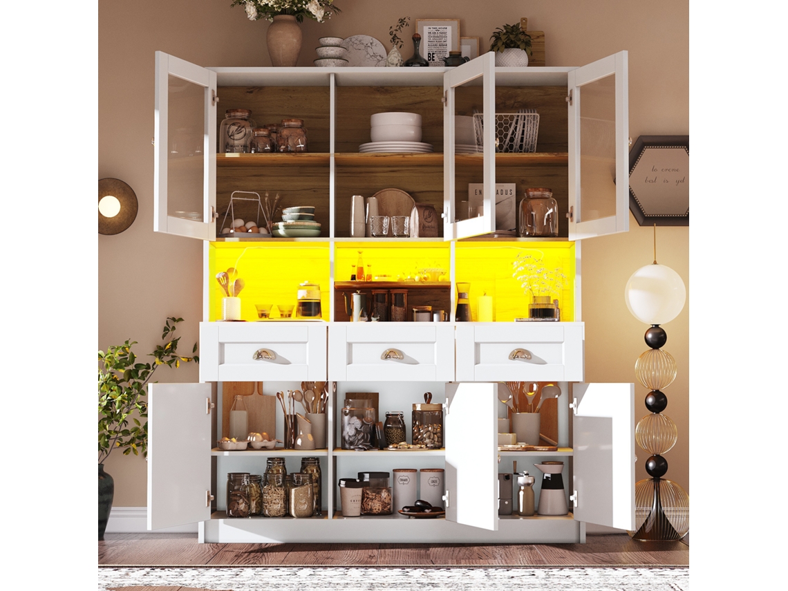 Mueble Cocina 140x40x175cm Armario Alto Led Estantes Ajustables Blanco/negro