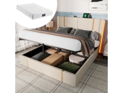 Cama tapizada de algodón beige de 160 x 200 cm con almacenaje, USB tipo C, control por app, LED Mobrio (con colchón)